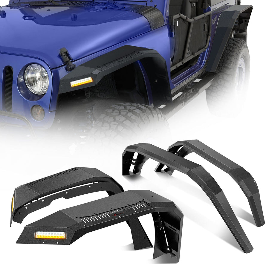 Nilight 2007 2008 2009 2010 2011 2012 2013 2014 2015 2016 2017 2018 Jeep Wrangler JK 2 Door Wide Flat Front & Rear Fender Flares w/LED Lights Turn Signal Lights DRL