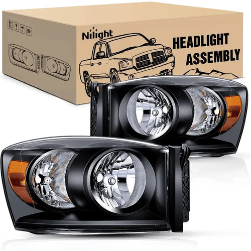 Nilight 2007 2008 Dodge Ram 1500 2007 2008 2009 Ram 2500 3500 Headlight Assembly Black Case Amber Reflector