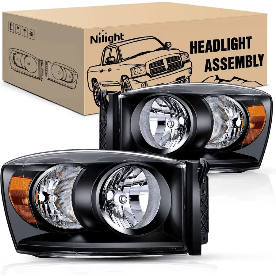 Nilight 2007 2008 Dodge Ram 1500 2007 2008 2009 Ram 2500 3500 Headlight Assembly Black Case Amber Reflector