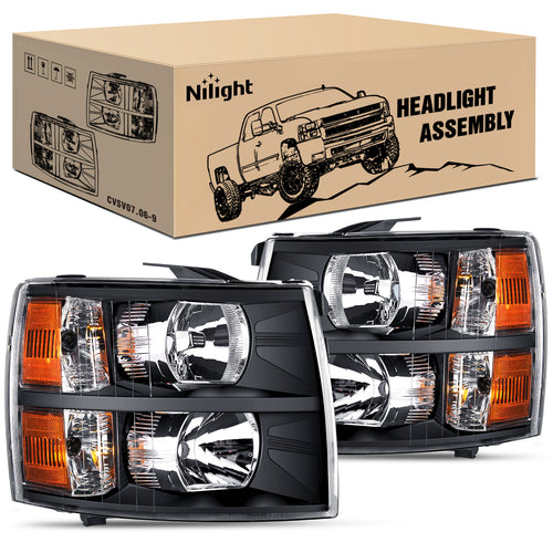 Nilight 2007 2008 2009 2010 2011 2013 Chevy Silverado 1500 2007 2008 2009 2010 2011 2013 2014 Silverado 2500HD 3500HD Headlight Assembly Black Case Amber Reflector