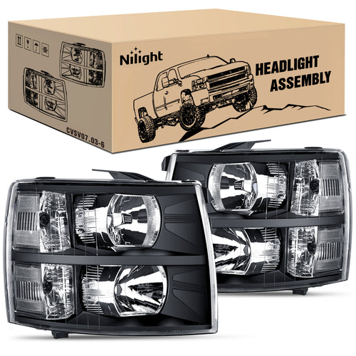 Nilight 2007 2008 2009 2010 2011 2012 2013 Chevy Silverado 1500 2007 2008 2009 2010 2011 2012 2013 2014 Silverado 2500HD 3500HD Headlight Assembly Black Case Clear Reflector