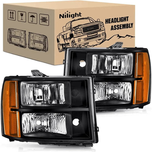 Nilight 2007 2008 2009 2010 2011 2012 2013 2014 GMC Sierra 1500 2500 3500HD Headlight Assembly Black Case Amber Reflector