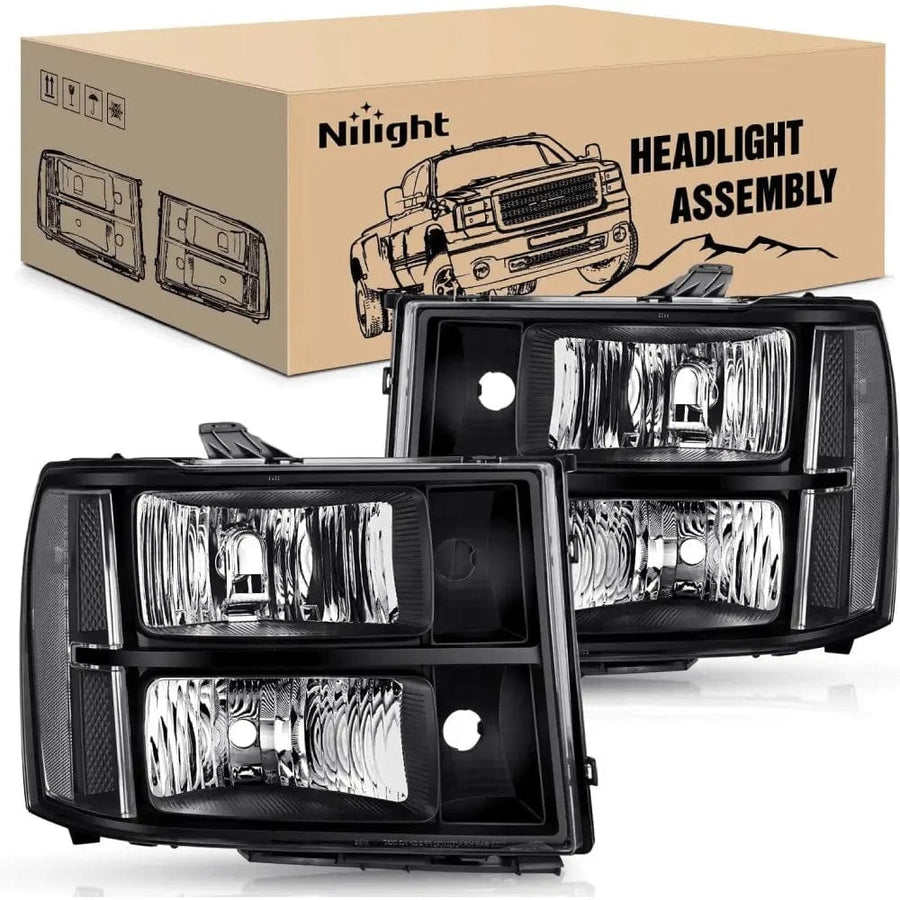 Nilight 2007 2008 2009 2010 2011 2012 2013 2014 GMC Sierra 1500 2500 3500HD Headlight Assembly Black Case Clear Reflector