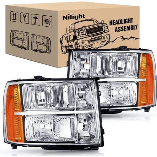 Nilight 2007 2008 2009 2010 2011 2012 2013 2014 GMC Sierra 1500 2500 3500HD Headlight Assembly Chrome Case Amber Reflector