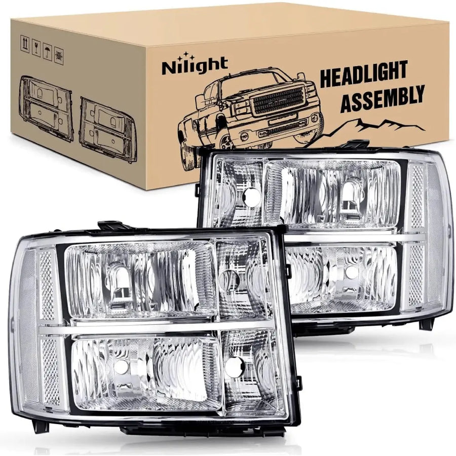 Nilight 2007 2008 2009 2010 2011 2012 2013 2014 GMC Sierra 1500 2500 3500HD Headlight Assembly Chrome Case Clear Reflector