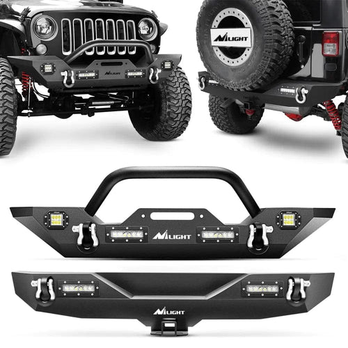 Nilight 2007 2008 2009 2010 2011 2012 2013 2014 2015 2016 2017 2018 Jeep Wrangler JK Front Rear Bumper Combo Rock Crawler with Hitch Receiver Upgraded LED Lights Off Road Textured Black