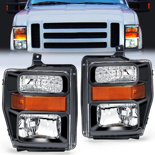 Nilight 2008 2009 2010 Ford F250 F350 F450 Super Duty Headlight Assembly Black Housing Amber Reflector Upgraded Clear Lens