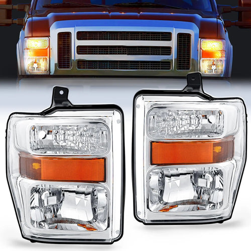 Nilight 2008 2009 2010 Ford F250 F350 F450 Super Duty Headlight Assembly Chrome Housing Amber Reflector Upgraded Clear Lens