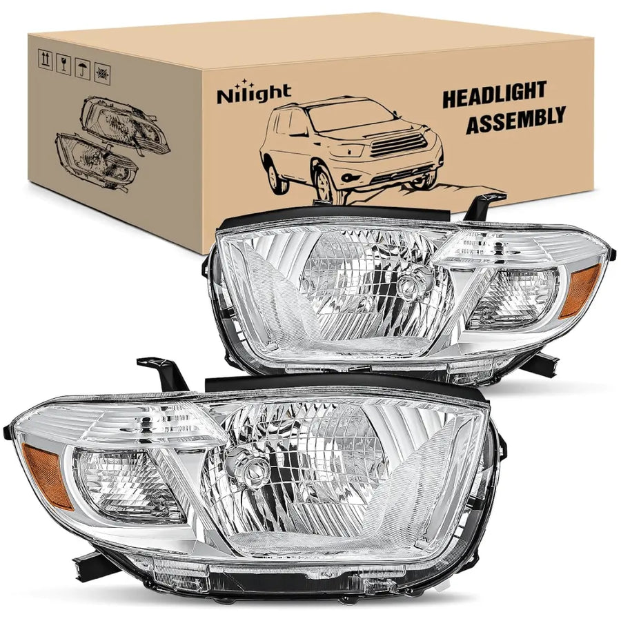 Nilight 2008 2009 2010 Toyota Highlander Headlight Assembly Chrome Housing Amber Reflector