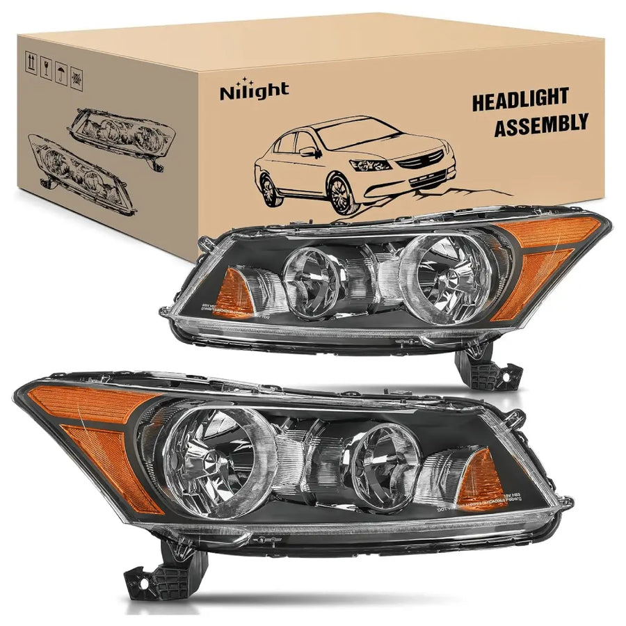 Nilight 2008 2009 2010 2011 2012 Honda Accord Sedan Headlight Assembly Black Housing Amber Reflector