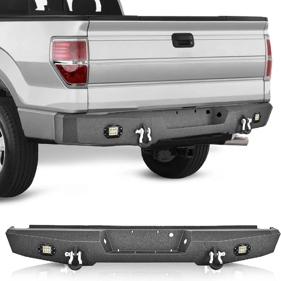 Nilight 2009 2010 2011 2012 2013 2014 Ford F150 Rear Step Bumper Full Width Textured Black Solid Steel Offroad with 2Pcs Upgraded 18W LED Lights D-Rings
