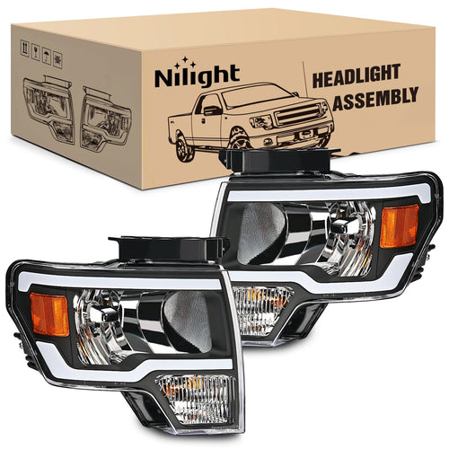 Nilight 2009 2010 2011 2012 2013 2014 Ford F150 Headlight Assembly Black Case Amber Reflector Clear Lens (Not for factory HID Model)