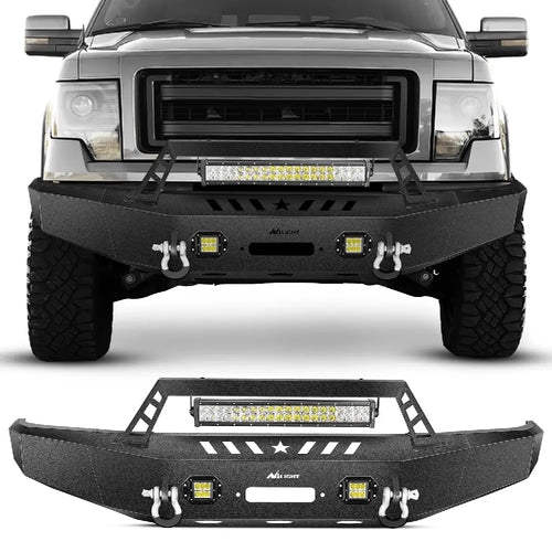 Nilight 2009-2014 Ford F150 Front Bumper Full Width Solid Steel with Winch Plate Offroad 120W LED Light Bar 2Pcs 18W LED Work Light Pods