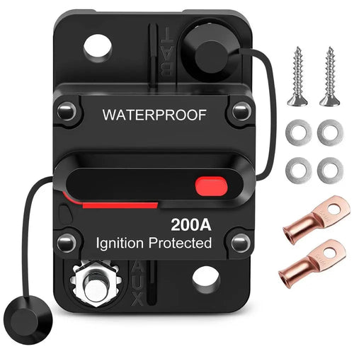 Nilight 200A Circuit Breaker Resettable 12-48V DC Manual Reset w/Copper Wire Lugs Surface Mount Overload Protection