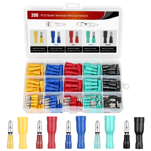 Nilight 200PCS Bullet Terminals Wire Connectors AWG 22-14 Female & Male Butt Insulated Waterproof Electrical Connector Kit for Automotive Marine Electrical Wiring