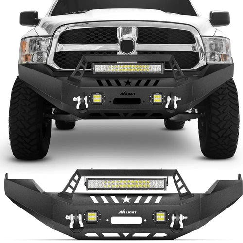Nilight 2013 2014 2015 2016 2017 2018 Dodge Ram 1500 Front Bumper Full Width Solid Steel with Winch Plate Offroad 120W LED Light Bar 2Pcs 18W Light Pods D-Rings