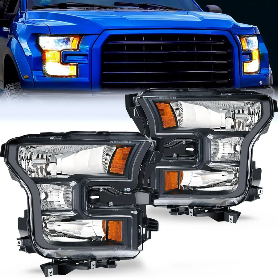 Nilight 2015 2016 2017 Ford F150 Headlight Assembly Black Housing Amber Reflector Upgraded Clear Lens