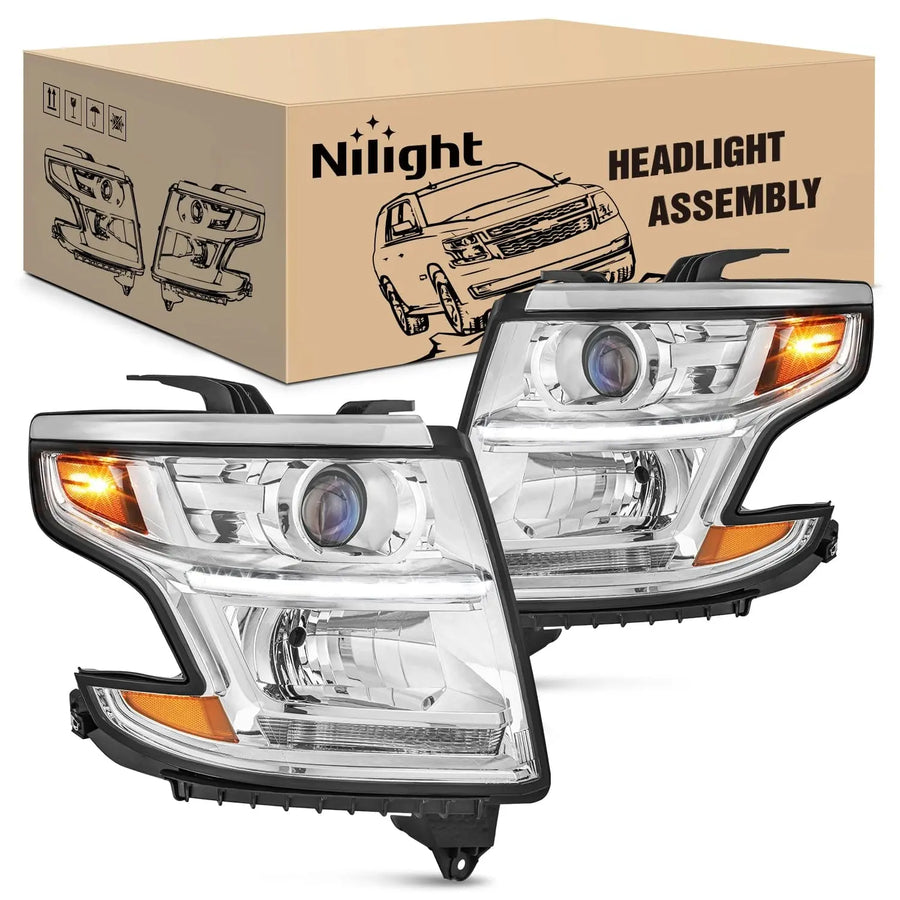 Nilight 2015 2016 2017 2018 2019 2020 Chevy Tahoe Suburban Headlight Assembly Chrome Housing Amber Reflector Clear Lens