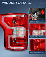 Nilight 2018 2019 2020 Ford F150 Tail light Assembly Rear Lamp Replacement OE Style Red Housing with Bulbs and Harness Driver Side, view 6