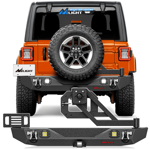 Nilight 2018 2019 2020 2021 2022 2023 2024 Jeep Wrangler JL JLU Unlimited (2/4 Doors) Rear Bumper Spare Tire Carrier 2inch Hitch Receiver License Plate Bracket 2 LED Lights D-rings
