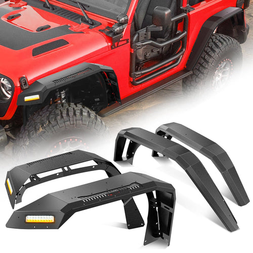 Nilight 2018 2019 2020 2021 2022 2023 2024 2025 Jeep Wrangler JL&JL Unlimited 2/4Doors Wide Flat Front & Rear Fender Flares w/LED Lights Turn Signal Lights DRL (No fit 2020+ Gladiator JT)