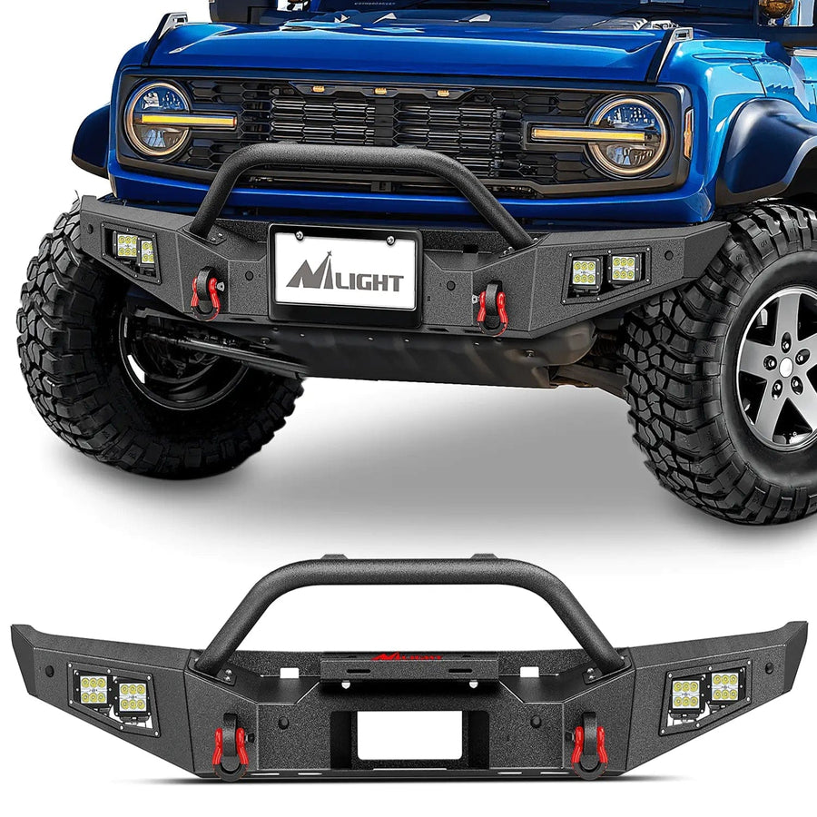 Nilight 2021 2022 2023 2024 Ford Bronco Front Bumper with 4Pcs 18W Flush Mount LED Work Lights Winch Plate License Plate Bracket Sensor Hole