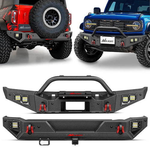 2021 2022 2023 2024 Ford Bronco Front Rear Bumper Combo Rock Crawler with Hitch Receiver Winch Plate Nilight Upgraded LED Lights D-Rings Off Road