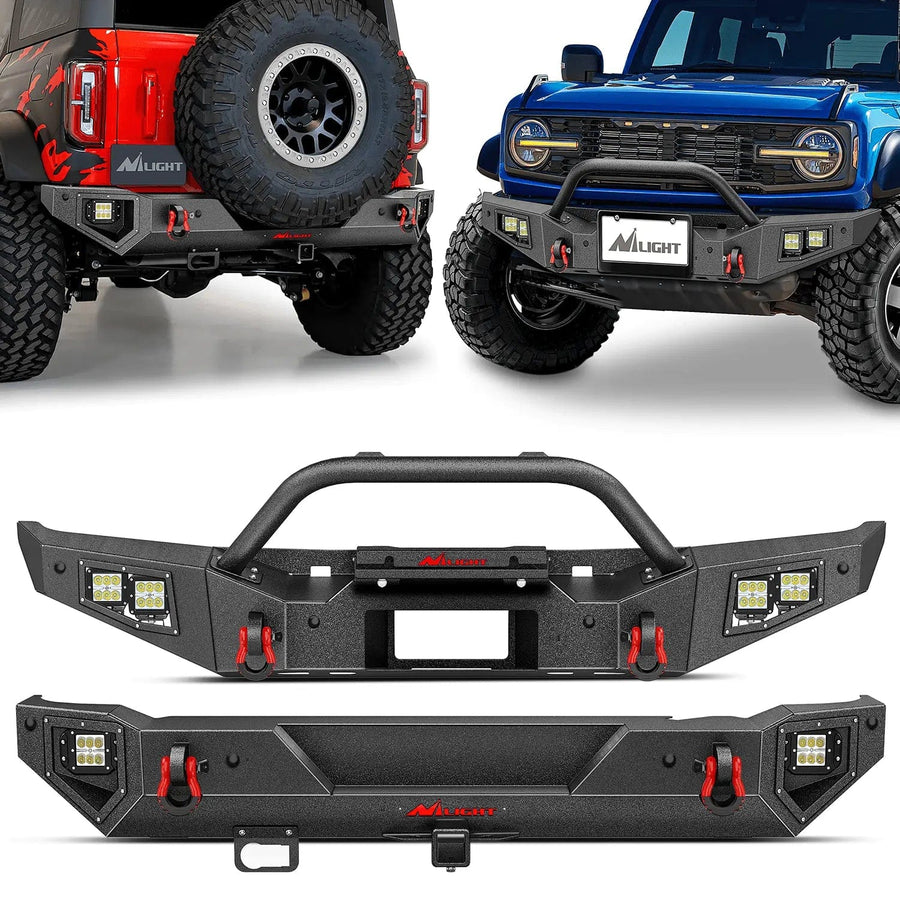 2021 2022 2023 2024 Ford Bronco Front Rear Bumper Combo Rock Crawler with Hitch Receiver Winch Plate Nilight Upgraded LED Lights D-Rings Off Road