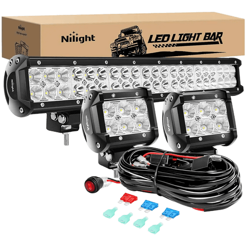 Nilight 20 Inch 126W Double Row Spot Flood Led Light Bars | 2Pcs 4 Inch 18W Flood Light Pods | 16AWG Wire 3Pin Switch