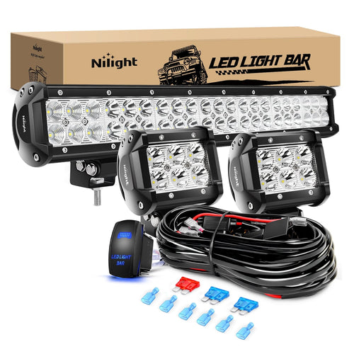 Nilight 20Inch 126W Led Light Bars 2Pcs 18W Led Pods with Wiring Harness Kit-3 Leads