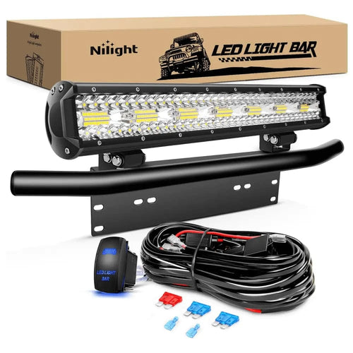Nilight 20 Inch 420W 42000LM Triple Row Spot Flood LED Light Bar W/ Front License Plate Frame Bracket | 16AWG Wire 5Pin Switch