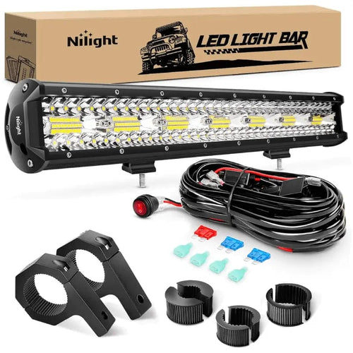 Nilight 20 Inch 420W 42000LM Triple Row Spot Flood LED Light Bar | Horizontal Bar Clamp Mount | 16AWG Wire 3Pin Switch