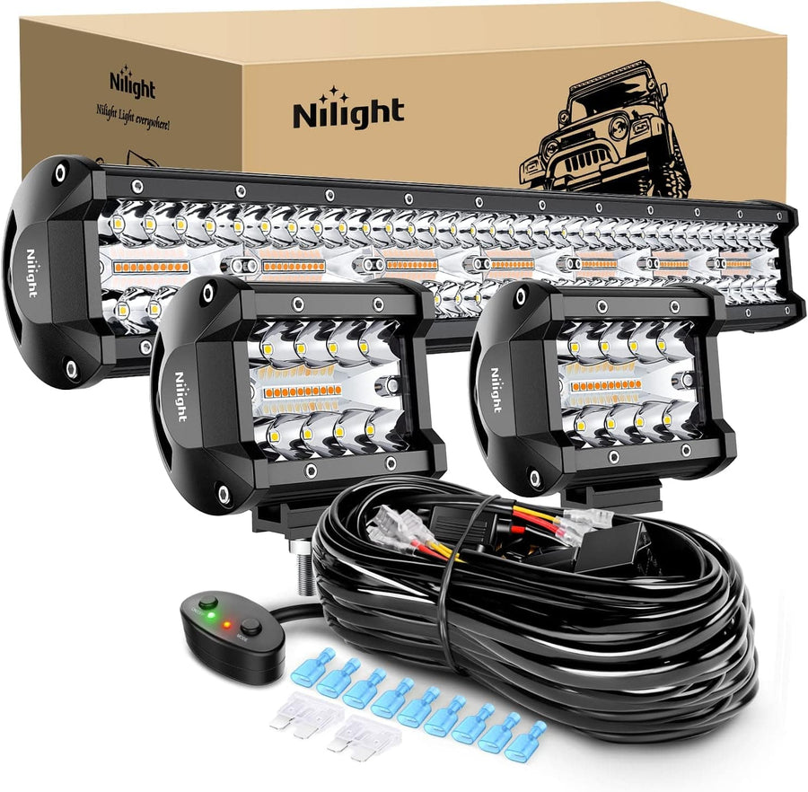 Nilight 20 Inch 420W Amber White Strobe Spot Flood LED Light Bar Kit | 2PCS 4 Inch 60W Light Pods | 16AWG Wire 3 Leads