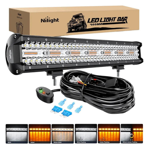 Nilight 20 Inch 420W Triple Row Amber White Strobe Spot Flood LED Light Bar | 16AWG Wire