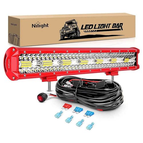 Nilight 20 Inch 420W Triple Row Red Case Spot Flood LED Light Bar | 16AWG Wire 3Pin Switch