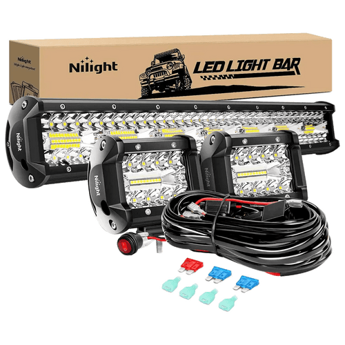 Nilight 20 Inch 420W Triple Row Spot Flood Led Light Bar | 2Pcs 4 Inch 60W Triple Row Combo Light Pods | 16AWG Wire 3Pin Switch 3 Leads