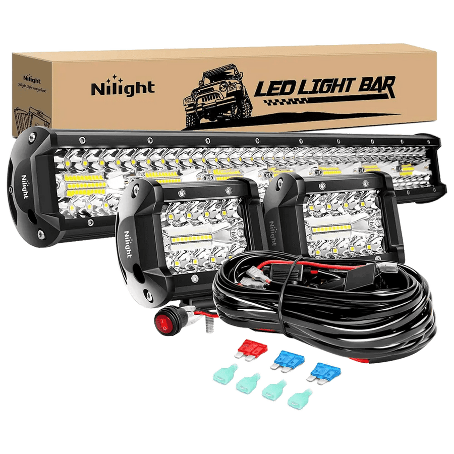 Nilight 20 Inch 420W Triple Row Spot Flood Led Light Bar | 2Pcs 4 Inch 60W Triple Row Combo Light Pods | 16AWG Wire 3Pin Switch 3 Leads