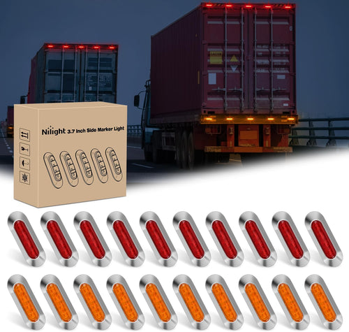 Nilight 20PCS Amber Red Oval Side Marker Lights 4 LED 3.7 Inch Clearance Lamp IP68 Waterproof DC 12-24V with Chrome Bezel Universal for Car Auto Truck Bus Trailer Boat Deck