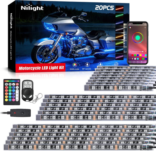Nilight 20PCS Motorcycle RGB LED Light Kit Waterproof Multi Color Atmosphere Neon Accent Lights Lamp APP and Remote Control Underbody Strips for Harley Davidson Honda Kawasaki Yamaha Suzuki