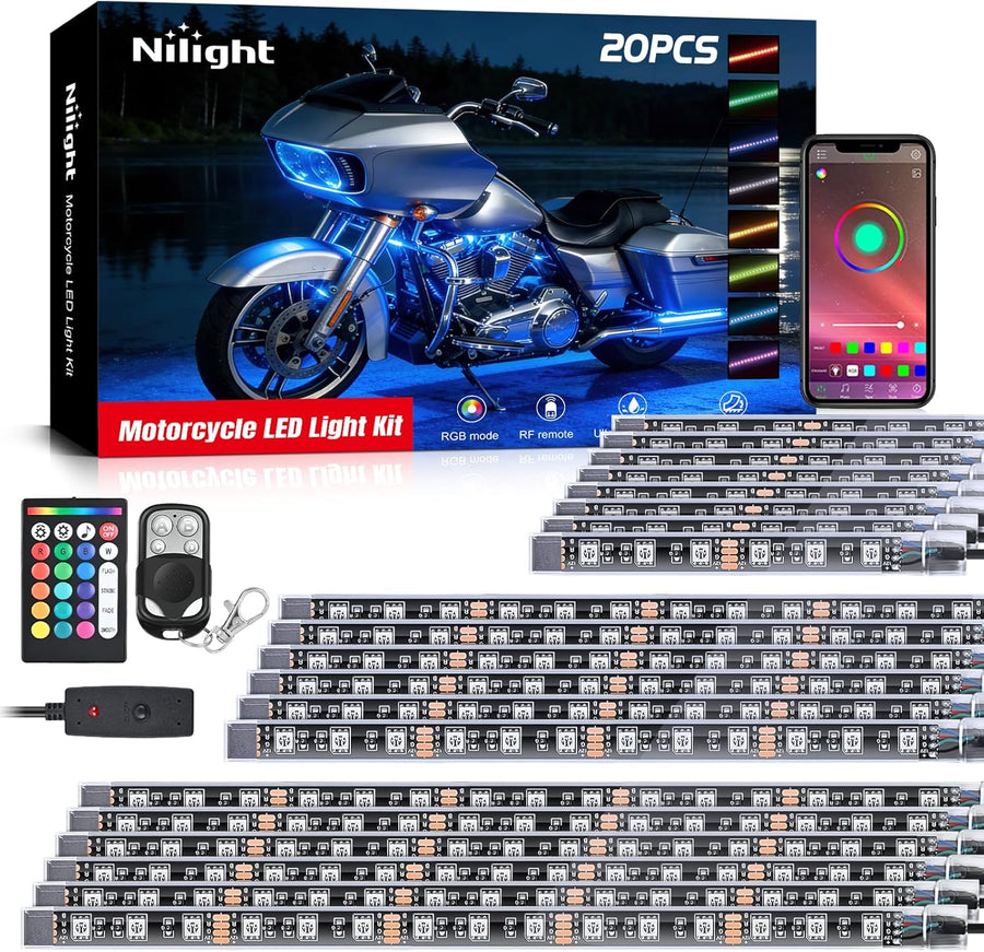 Nilight 20PCS Motorcycle RGB LED Light Kit Waterproof Multi Color Atmosphere Neon Accent Lights Lamp APP and Remote Control Underbody Strips for Harley Davidson Honda Kawasaki Yamaha Suzuki