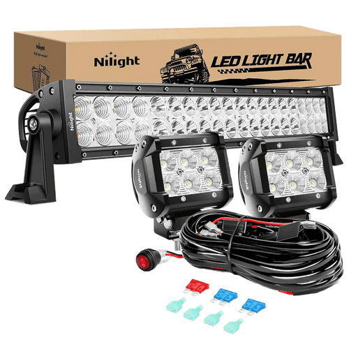 Nilight 22 Inch 120W Double Row Spot Flood LED Light Bar | 2Pcs 4 Inch 18W Flood LED Pods | 16AWG Wire 3Pin Switch