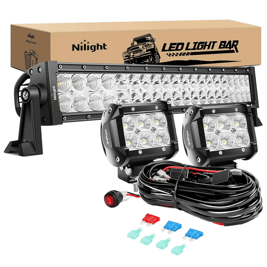 Nilight 22 Inch 120W Double Row Spot Flood LED Light Bar | 2Pcs 4 Inch 18W Flood LED Pods | 16AWG Wire 3Pin Switch