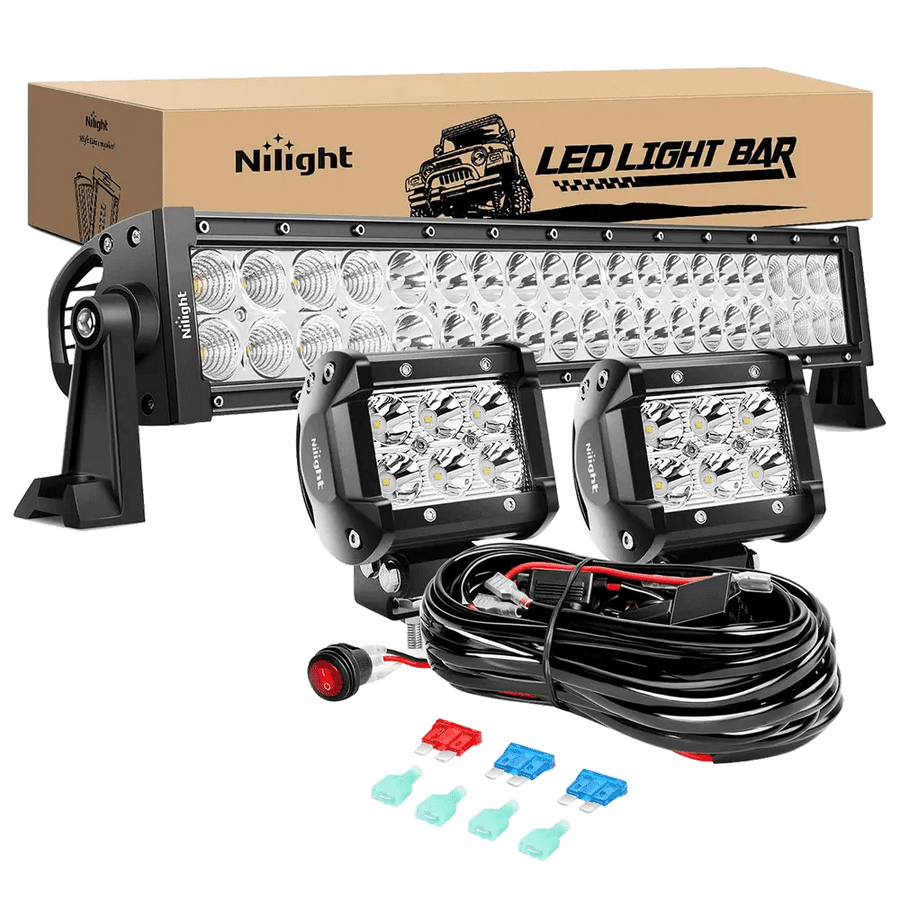 Nilight 22 Inch 120W Double Row Spot Flood LED Light Bar | 2Pcs 4 Inch 18W Spot LED Pods | 16AWG Wire 3Pin Switch