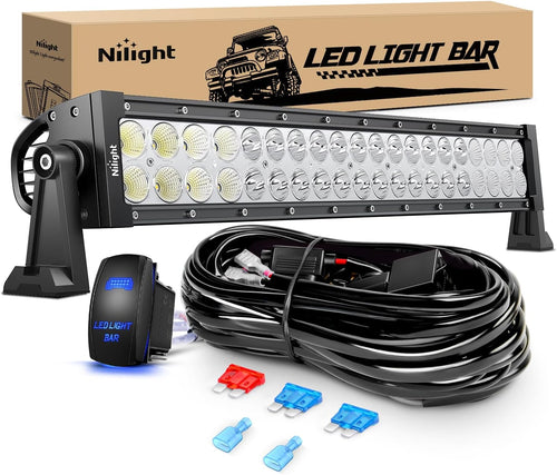 Nilight 22Inch 120W Spot Flood Combo Led Light Bar Off Road Driving Lights Boat Lights Fog Light 12V On/Off 5 Pin Rocker Switch Power 16AWG Wiring Harness Kit-1 Lead for Trucks