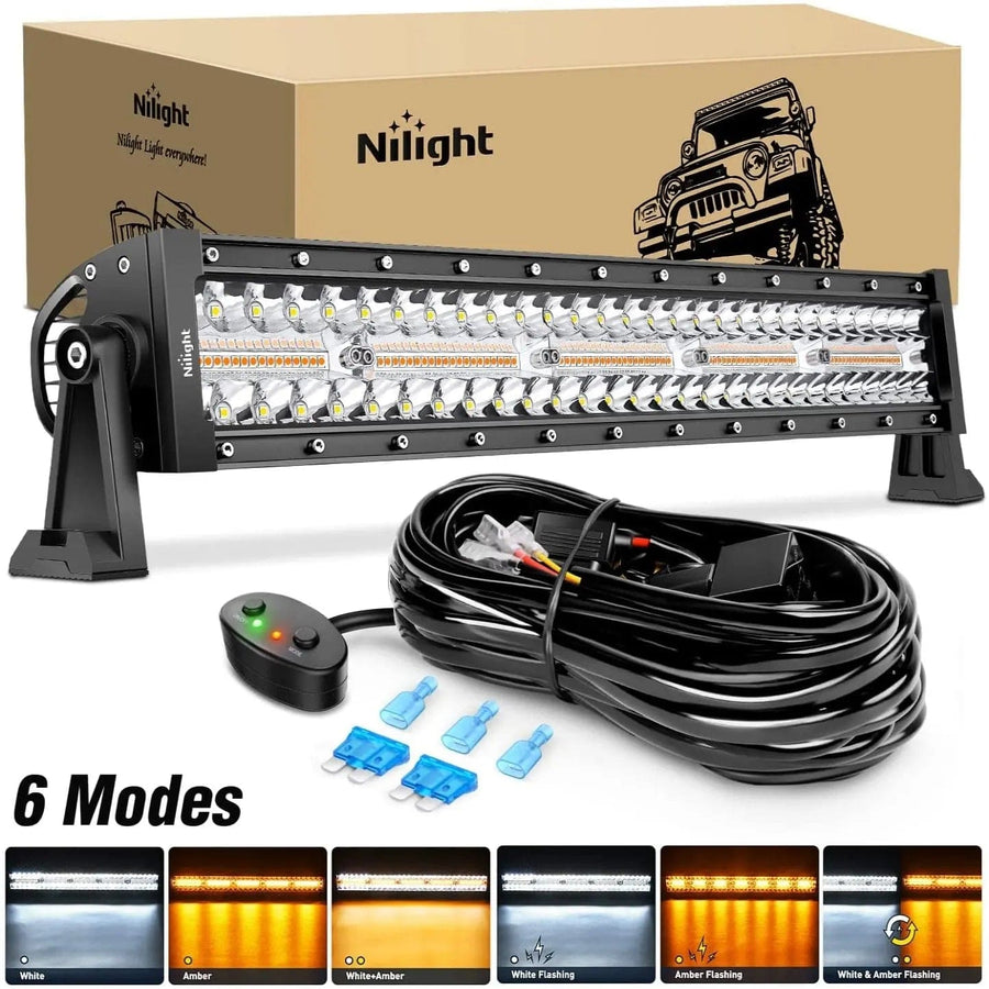 Nilight 22 Inch 480W Amber White Strobe Triple Row Spot Flood Led Light Bar | 16AWG DT Wire