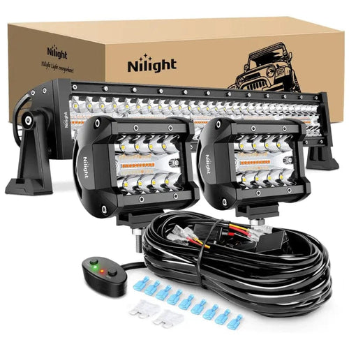 Nilight 22 Inch 480W Triple Row Amber White Spot Flood LED Light Bar | 2Pcs 4 Inch 60W LED Pods | 16AWG DT Wire 3 Leads
