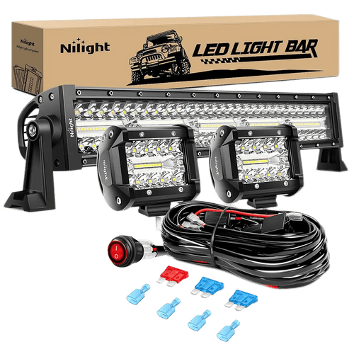 Nilight 22 Inch 480W Triple Row Spot Flood LED Light Bar | 2Pcs 4 Inch 60W LED Pods | 12FT Wire 3Pin Switch 3 Leads