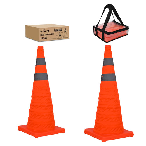 Nilight 24 Inch Collapsible Traffic Safety Cones 2 Pack - Bright Orange Parking Cones with Reflective Collars for Roadside Emergency, Parking, Driving Practice