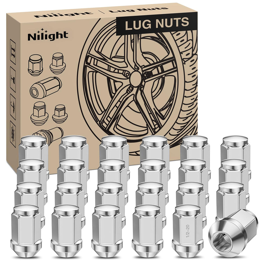 Nilight 24PCS 1/2-20 Lug Nuts Compatible with 1987-2017 Wrangler YJ TJ JK | for 1975-1996 F-150 1966-1996 Bronco 1983-2011 Ranger One-Piece Solid Chrome Steel Aftermarket Wheel Nuts Replace