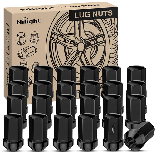 Nilight 24PCS M14x1.5 Lug Nuts One-Piece Compatible with 2012-2024 RAM 1500 | for 2000-2024+ Suburban/Tahoe/Yukon/Escalade 1999-2025 Silverado/Sierra 1500 Solid Black Steel OEM Factory Wheel Nut Replace